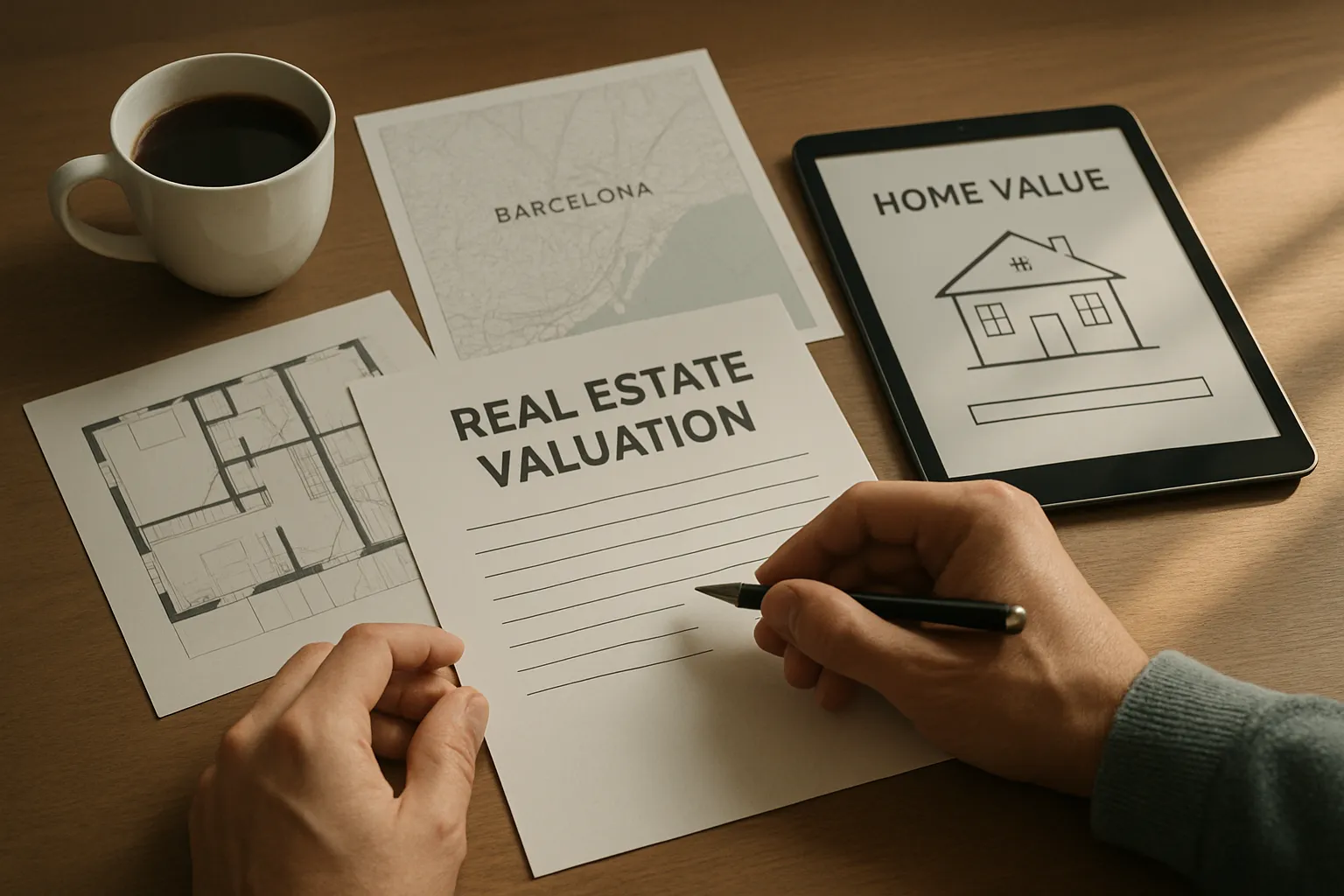 Person schreibt "Real Estate Valuation" auf Papier, umgeben von Grundriss, Karte, Tablet mit Hauszeichnung, Tasse Kaffee auf Holztisch.