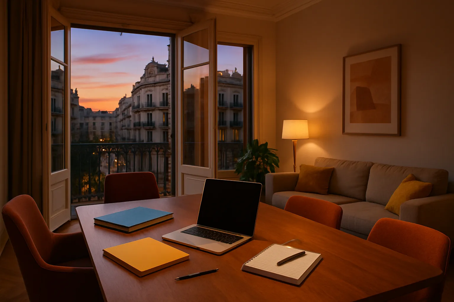 Ein sonniger Abend im Wohnzimmer mit offenem Fenster, Sofa, Tisch, Laptop, Notizbuch, Stift und eine Stehlampe. Blick auf schöne Gebäude.