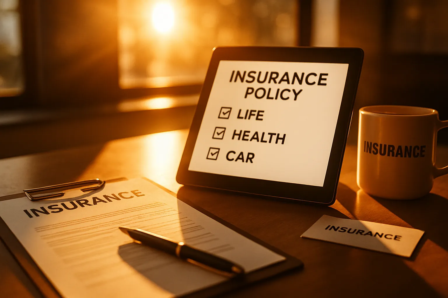 Ein Tisch mit Versicherungsdokumenten, Stift und Tablet, das die Policen für Leben, Gesundheit und Auto zeigt, im warmen Licht am Fenster.