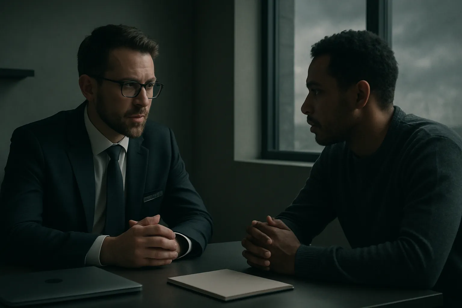 Zwei Männer im Gespräch, sitzen an einem Tisch in einem dunklen Raum. Einer trägt eine Anzug, der andere einen Pullover. Hinter ihnen Fenster mit Blick nach draußen.
