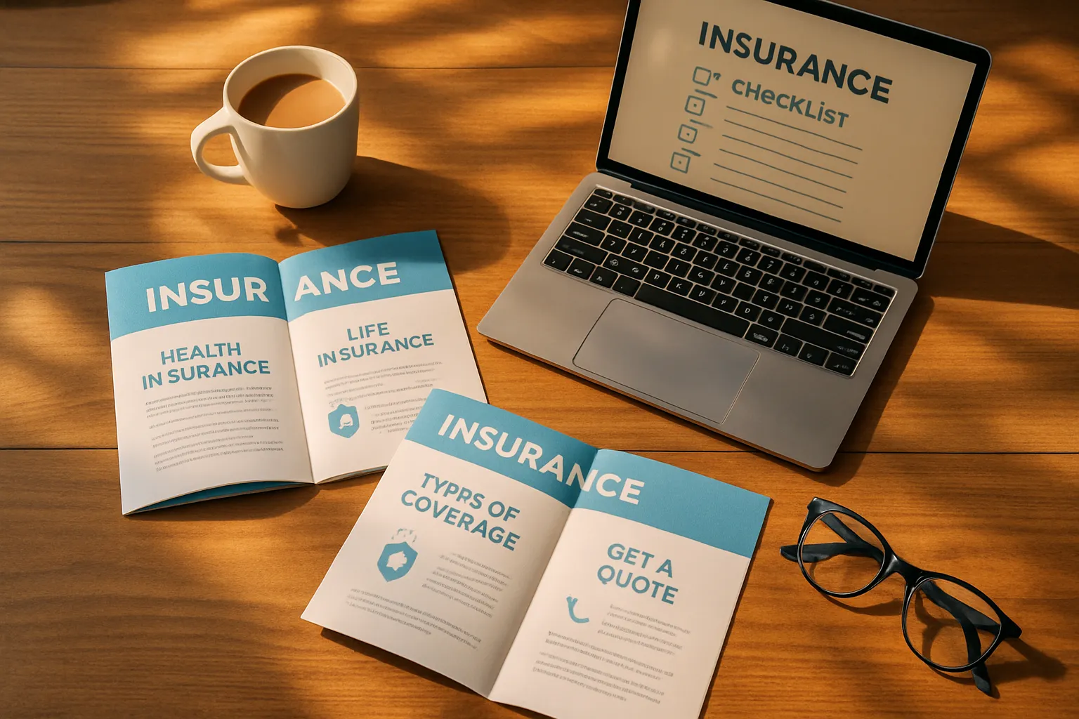 Ein Tisch mit Brille, einem Kaffee, einer Zeitung, einem Laptop und Broschüren zum Thema Versicherung.