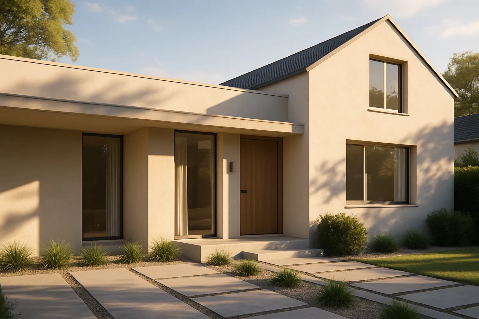 Ein modernes Haus mit weißer Fassade, großen Fenstern und einem Garten, der bei Sonnenuntergang warm beleuchtet ist.