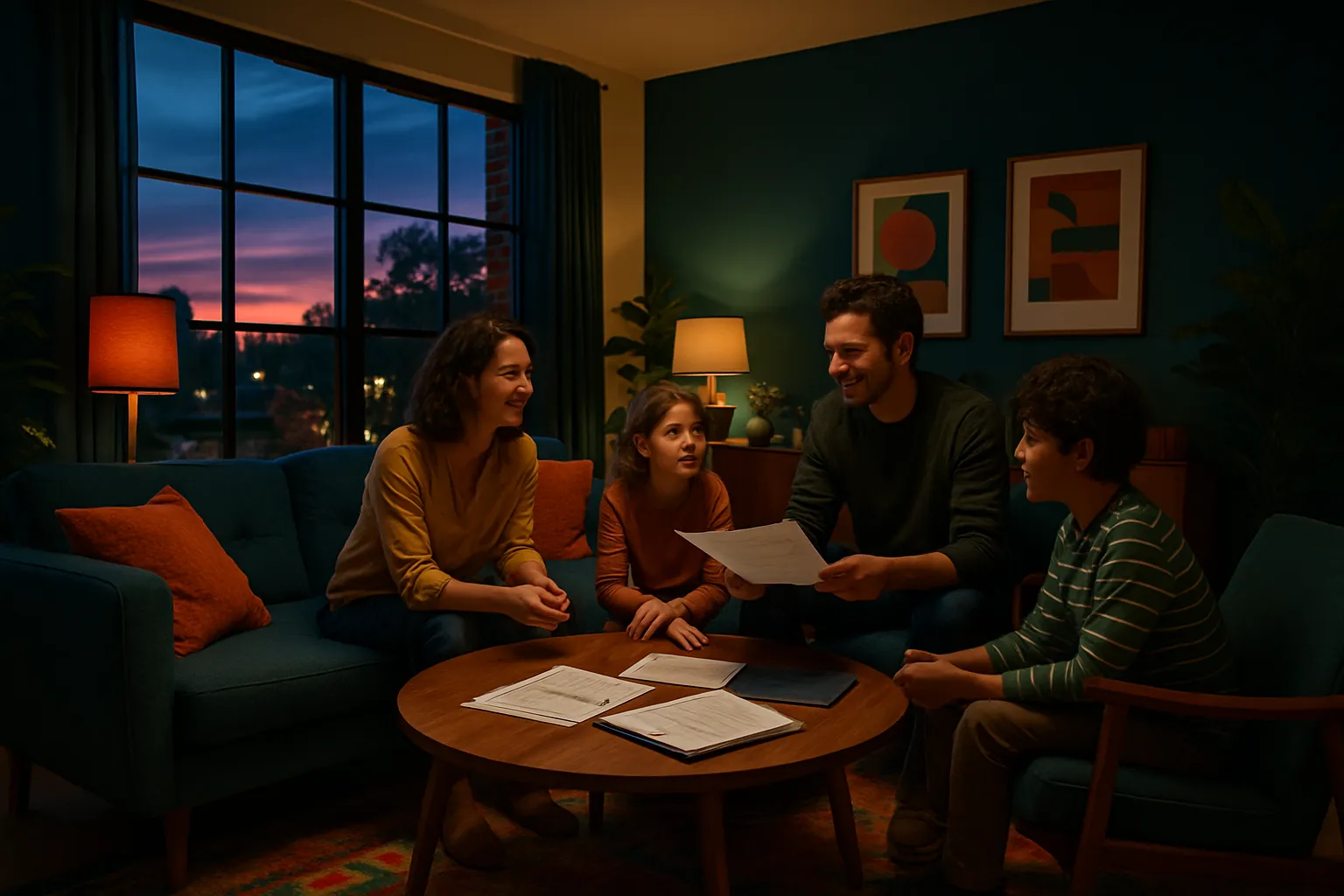 Familie sitzt in gemütlichem Wohnzimmer bei Kerzenlicht, spricht und liest Dokumente, während draußen die Sonne untergeht.