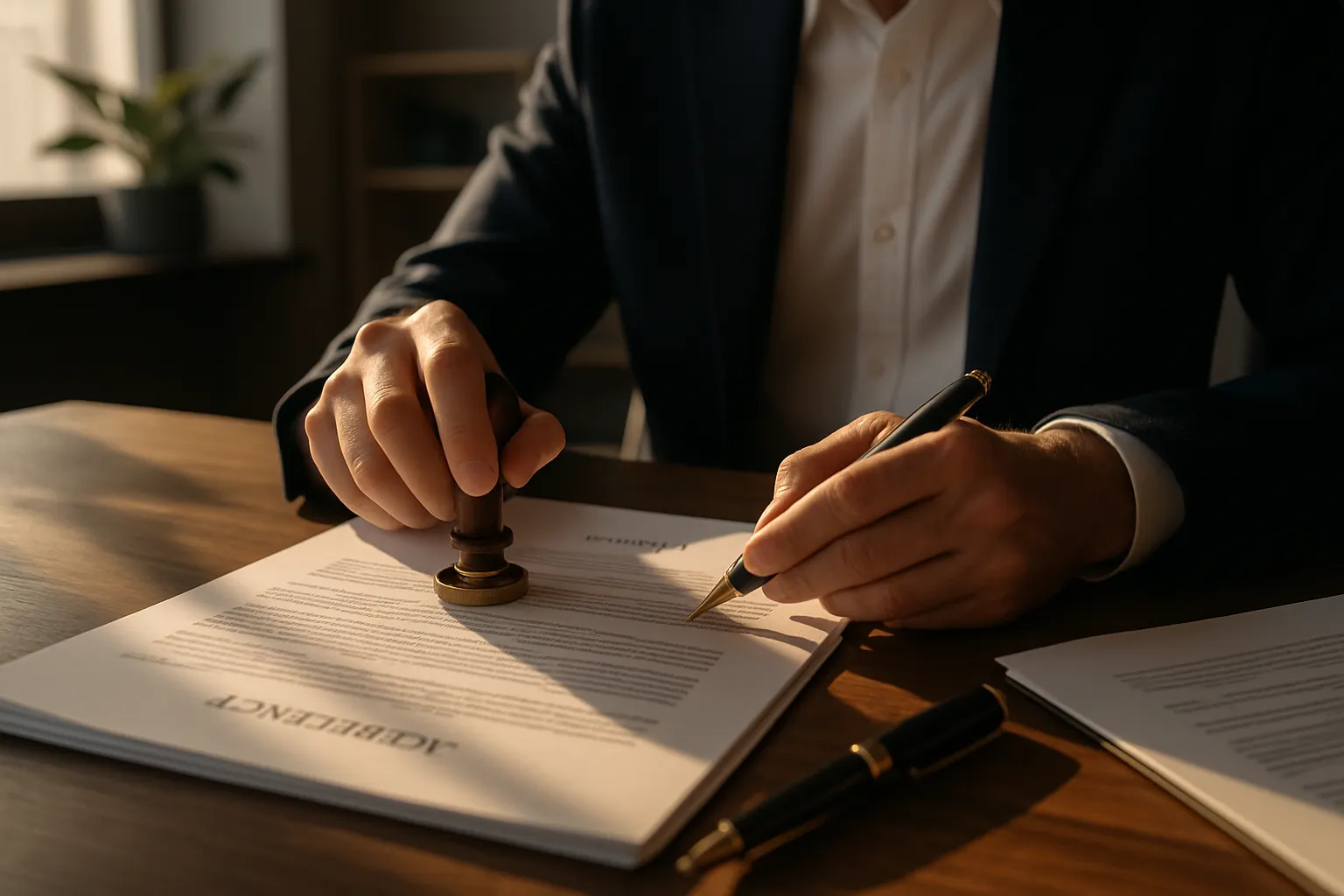 Ein Mann unterschreibt einen Vertrag auf einem Tisch, mit Stempel und Stift, im Büro bei Tageslicht.