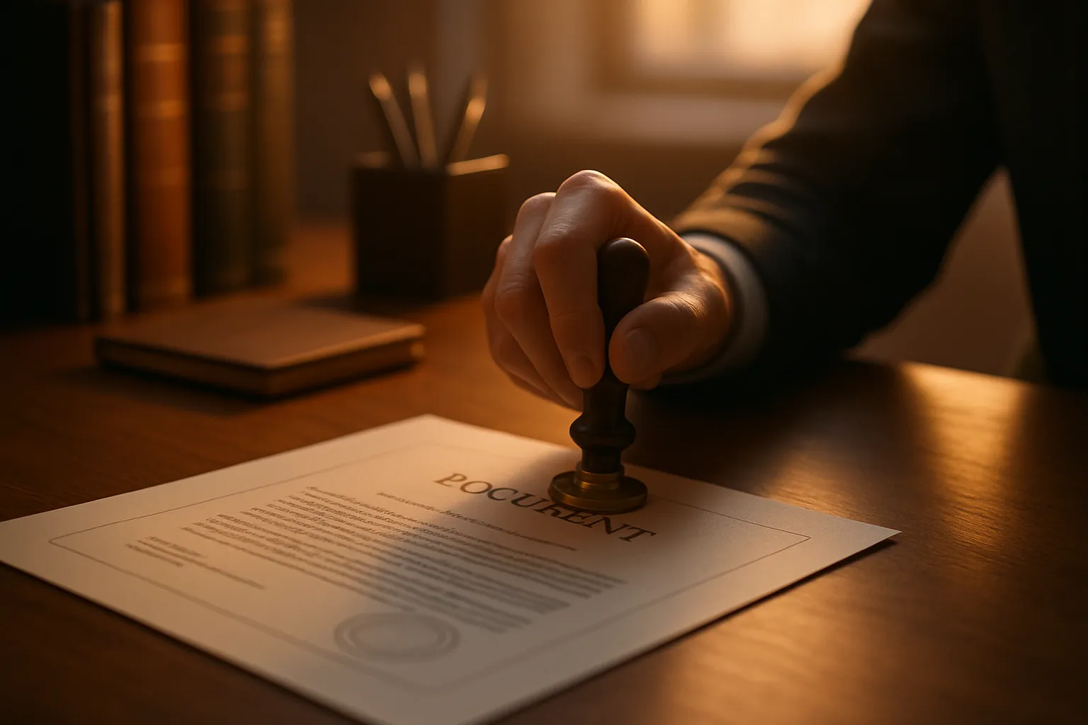 Ein Mann stempelt einen Vertrag auf einem Schreibtisch in einer Ecke mit Büchern und Notizbuch, warmes Licht erleuchtet die Szene.
