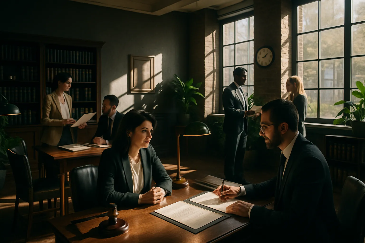Zwei Menschen sitzen sich bei einer Verhandlung in einem hellen, modernen Büro gegenüber. Im Hintergrund sprechen zwei weitere Personen.