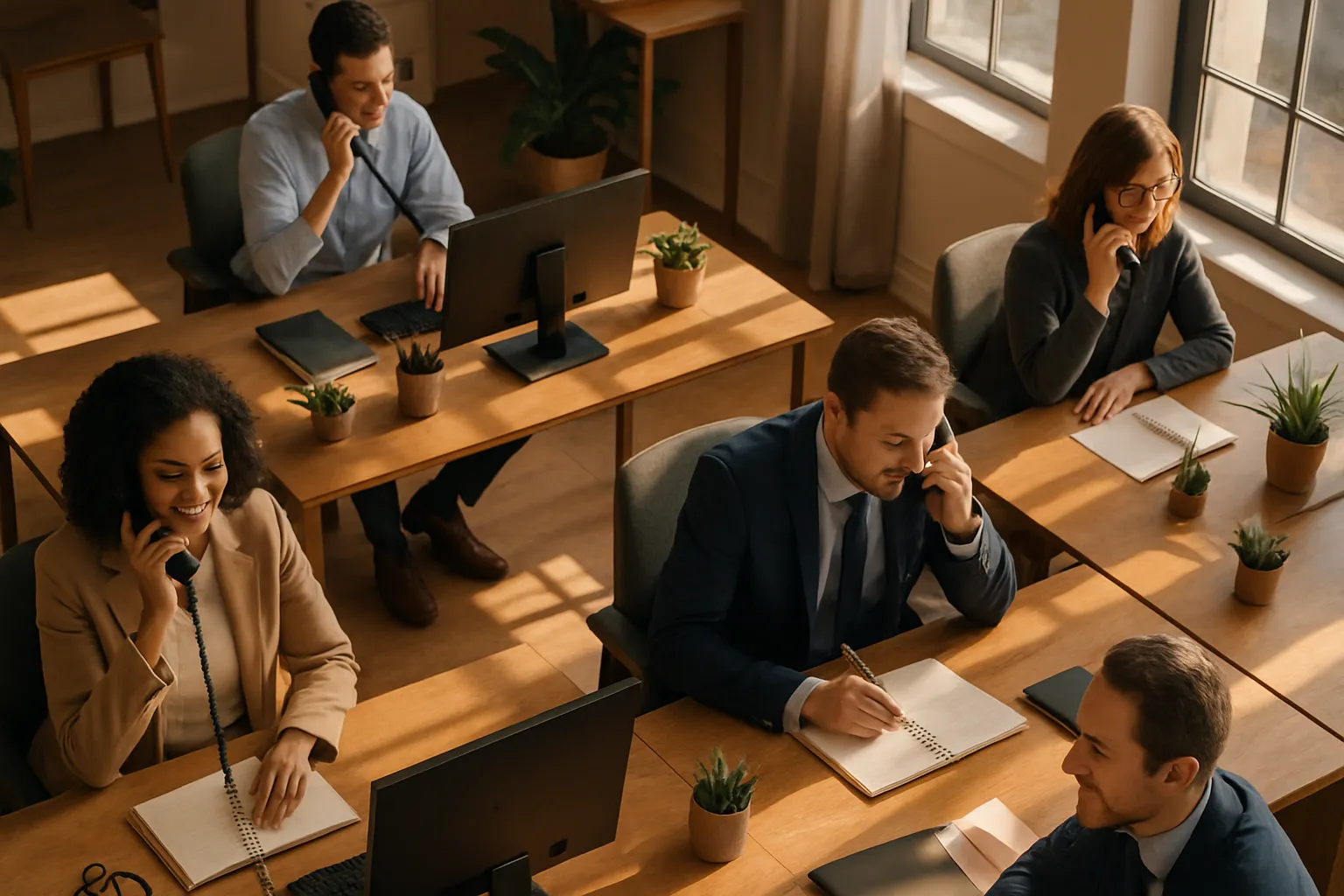 Fünf Menschen sitzen in einem Büro an einem großen Tisch, sprechen am Telefon und schauen auf Notizen oder Computer. Sie wirken beschäftigt.