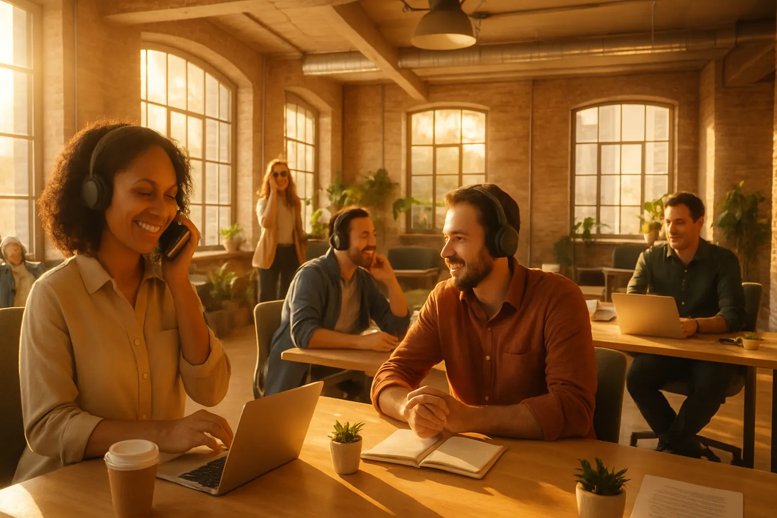 Fünf Menschen arbeiten in einem hellen, wohnlichen Büro. Zwei tragen Kopfhörer, lachen und unterhalten sich, während die anderen arbeiten.