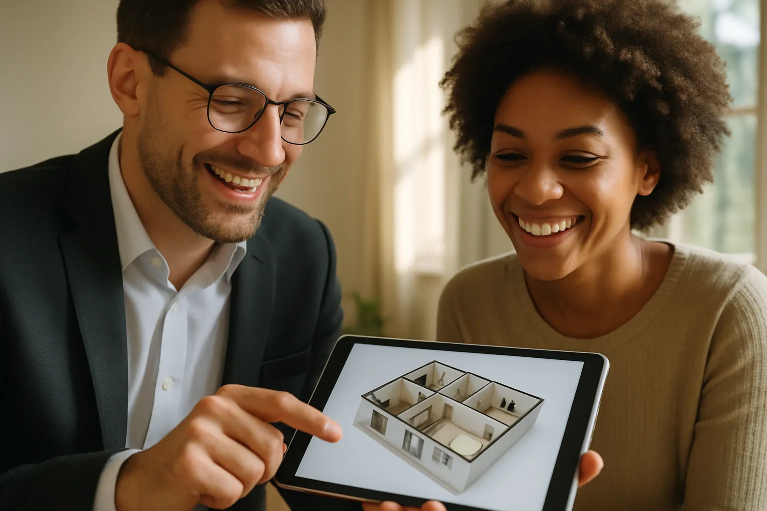 Ein Mann und eine Frau schauen gemeinsam auf ein Tablet mit einem Grundriss eines Hauses, sie lachen und haben Spaß. Sie sitzen im Raum.
