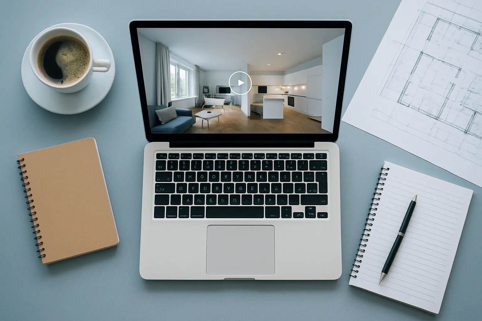 Ein Laptop zeigt eine Wohnzimmeransicht, auf dem Tisch liegen Notizbücher, ein Stift, eine Tasse Kaffee und Baupläne.
