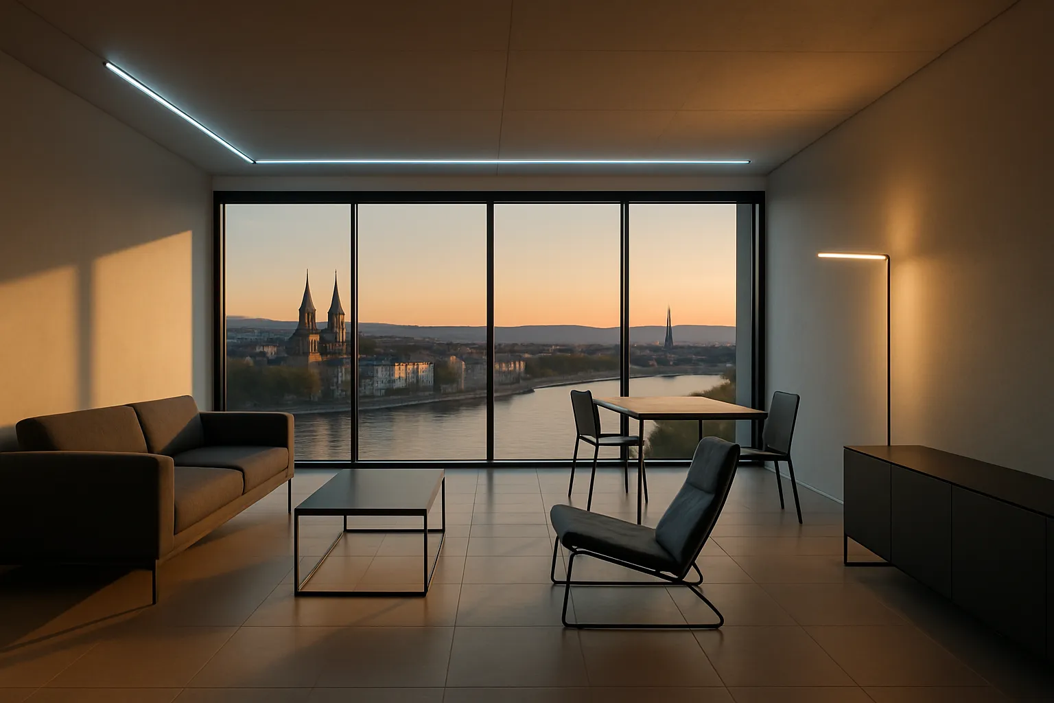 Modernes Wohnzimmer mit großer Fensterfront, Blick auf Fluss, bei Sonnenuntergang, minimalistische Möbel, ruhige Atmosphäre.