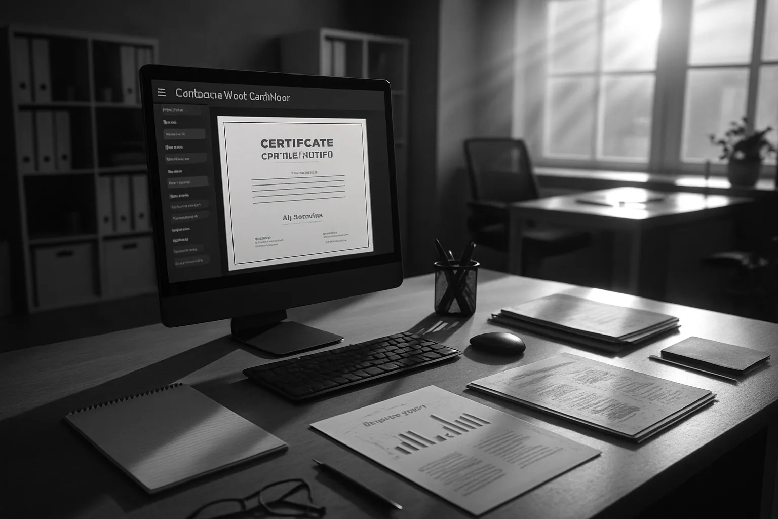 Ein Arbeitsplatz mit Monitor, Tastatur, Maus, Notizen und Akten im Büro bei Tageslicht.