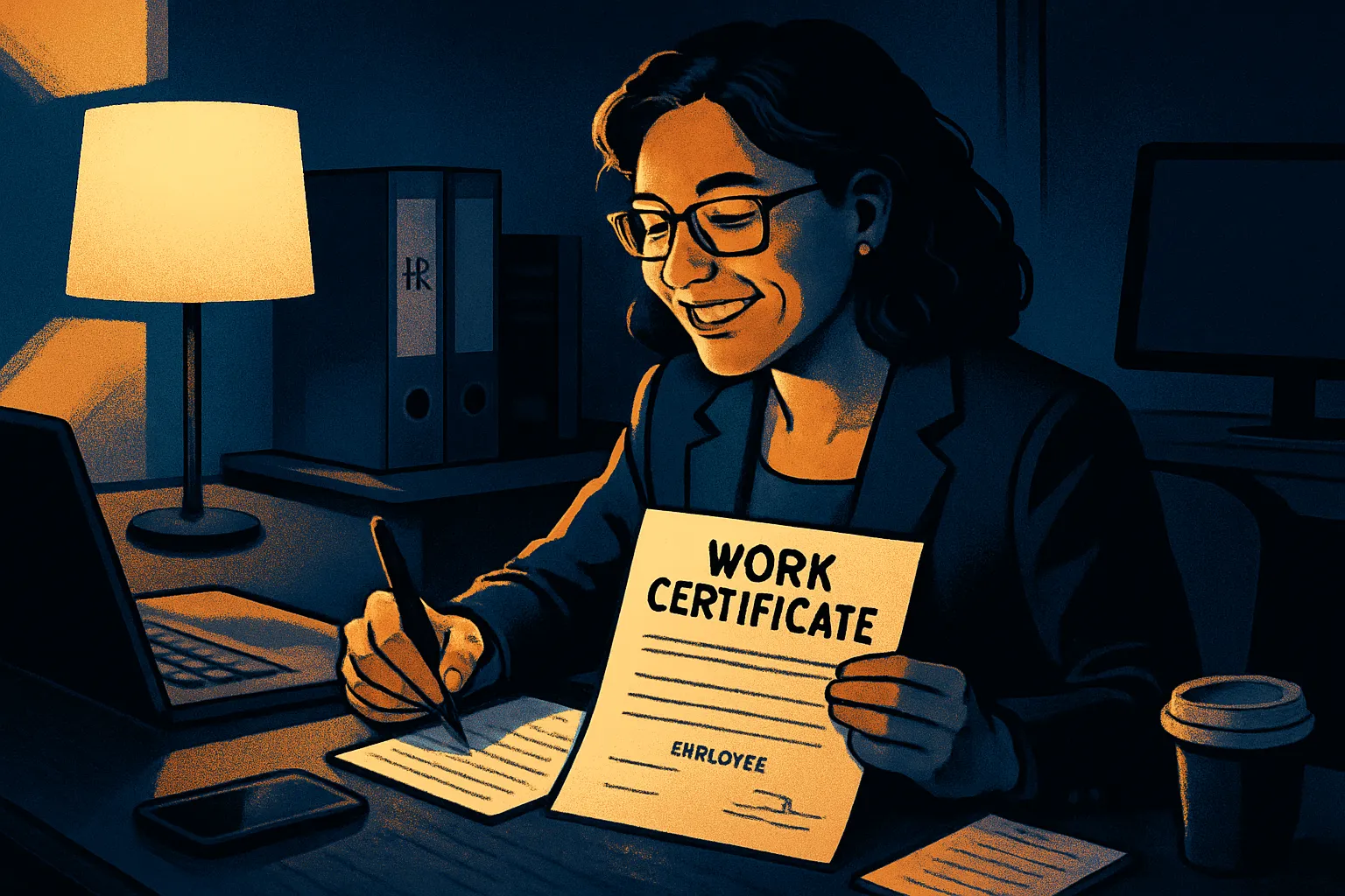Eine Frau sitzt im Büro bei Kerzenlicht, schreibt auf notiz, hält ein Arbeitszertifikat, hat dunkle Haare, trägt Brille und lächelt.