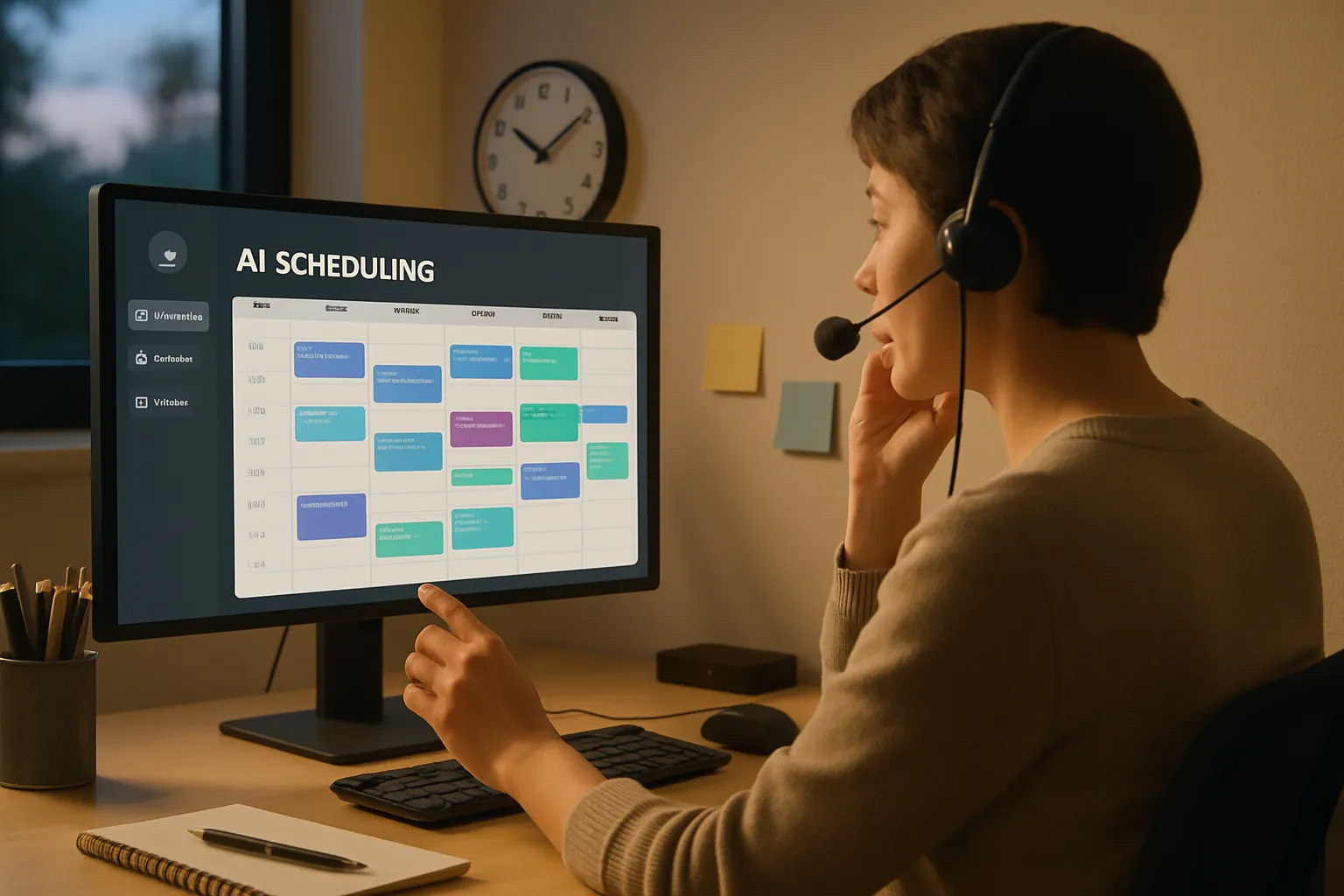 Frau mit Headset arbeitet abends am Computer und schaut eine Terminplanung auf dem Bildschirm. Im Hintergrund eine Uhr an der Wand.