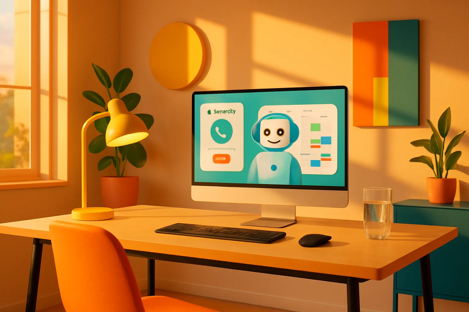 Ein moderner Arbeitsraum mit Computer, Lampe, Pflanzen, Fenster, Bild und einem Glas Wasser auf dem Tisch, bei warmem Licht.