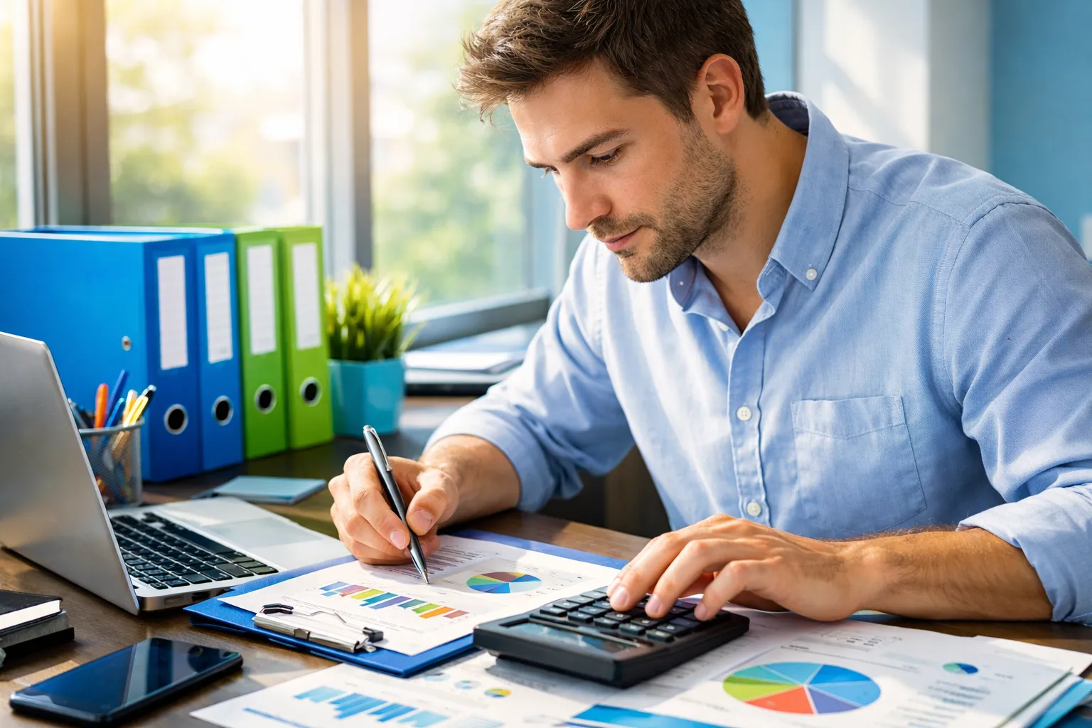 Ein Mann arbeitet an einem Schreibtisch mit Laptop, Diagrammen und Rechner, in einem Büro einen großen Fenster mit bunten Ordnern im Hintergrund.