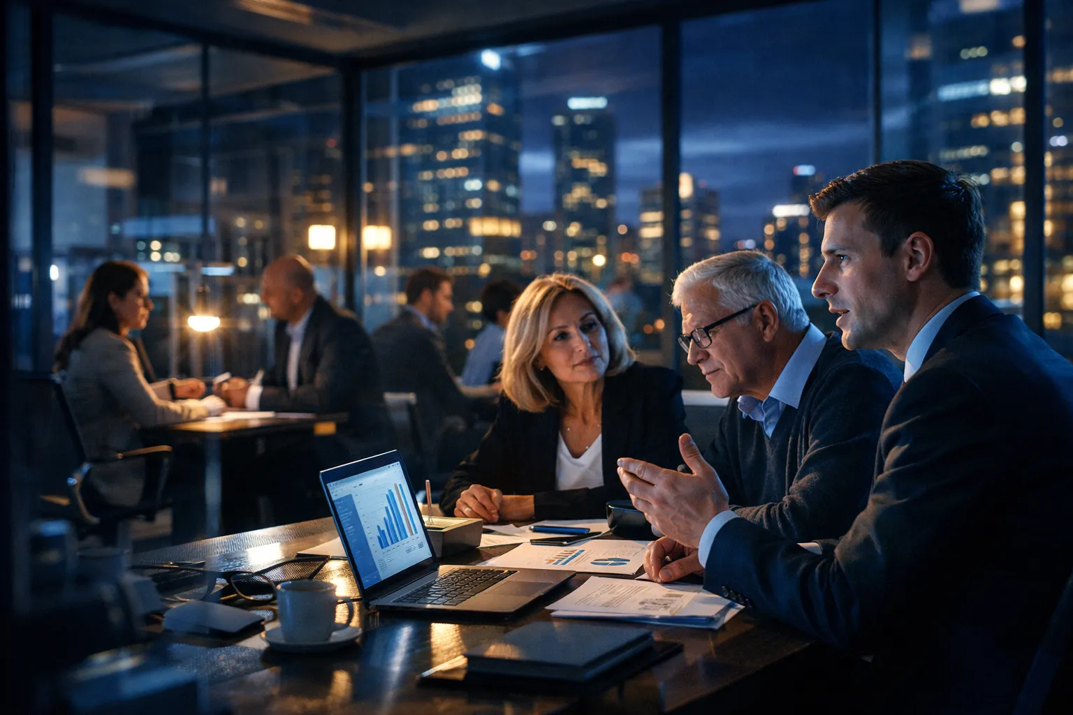 Geschäftsleute in einem Büro bei Nacht, reden über Daten, Laptop mit Diagrammen, im Hintergrund ein Fenster mit Stadtblick.