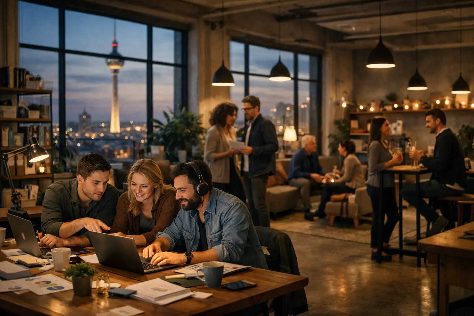 Drei Freunde arbeiten mit Laptops bei Abenddämmerung in modernem Café mit Blick auf eine Stadt und einen Fernsehturm im Hintergrund.