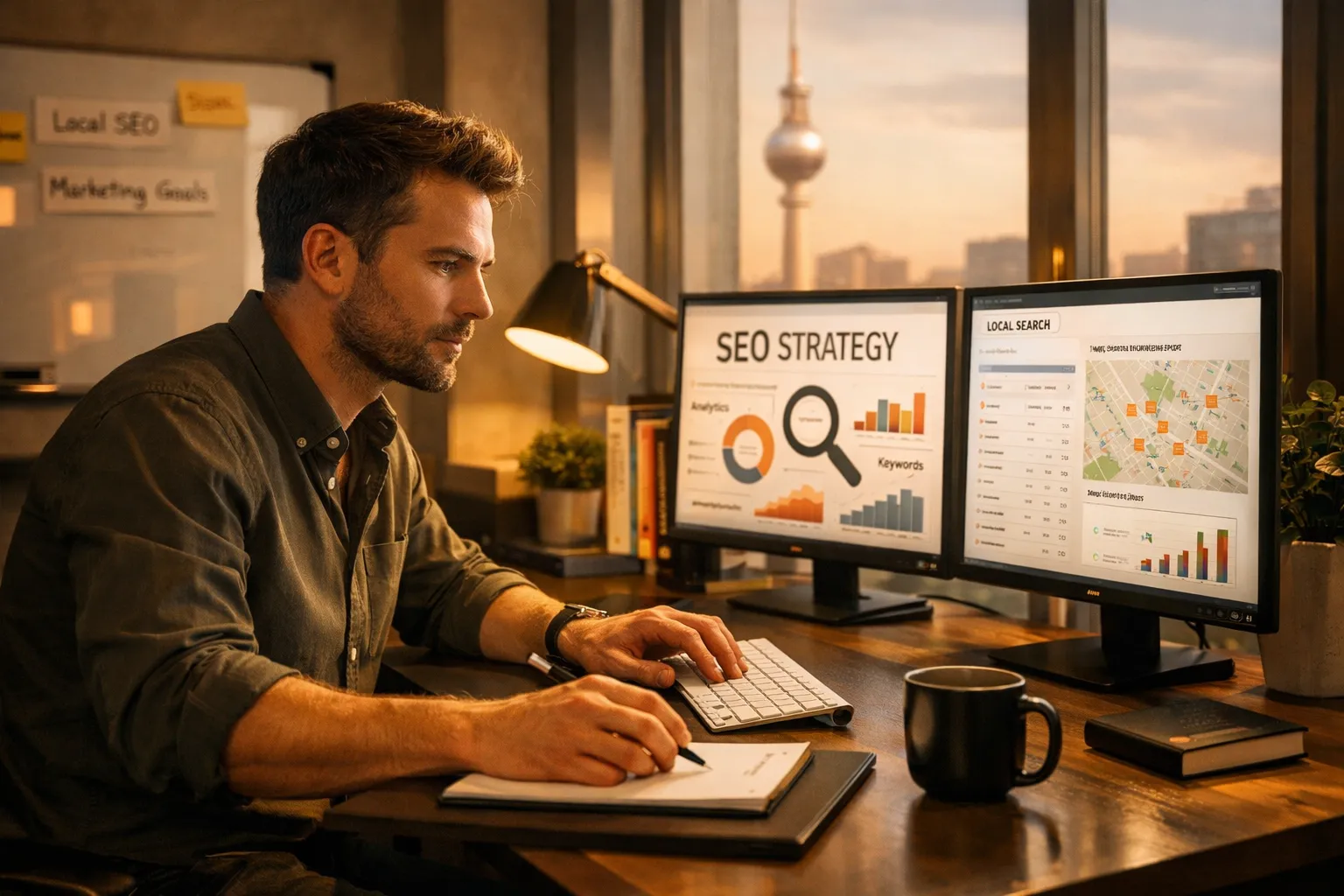 Mann arbeitet abends an einem Schreibtisch mit zwei Monitoren, die SEO-Strategien, Diagramme und eine Landkarte zeigen. Im Hintergrund Stadtblick.