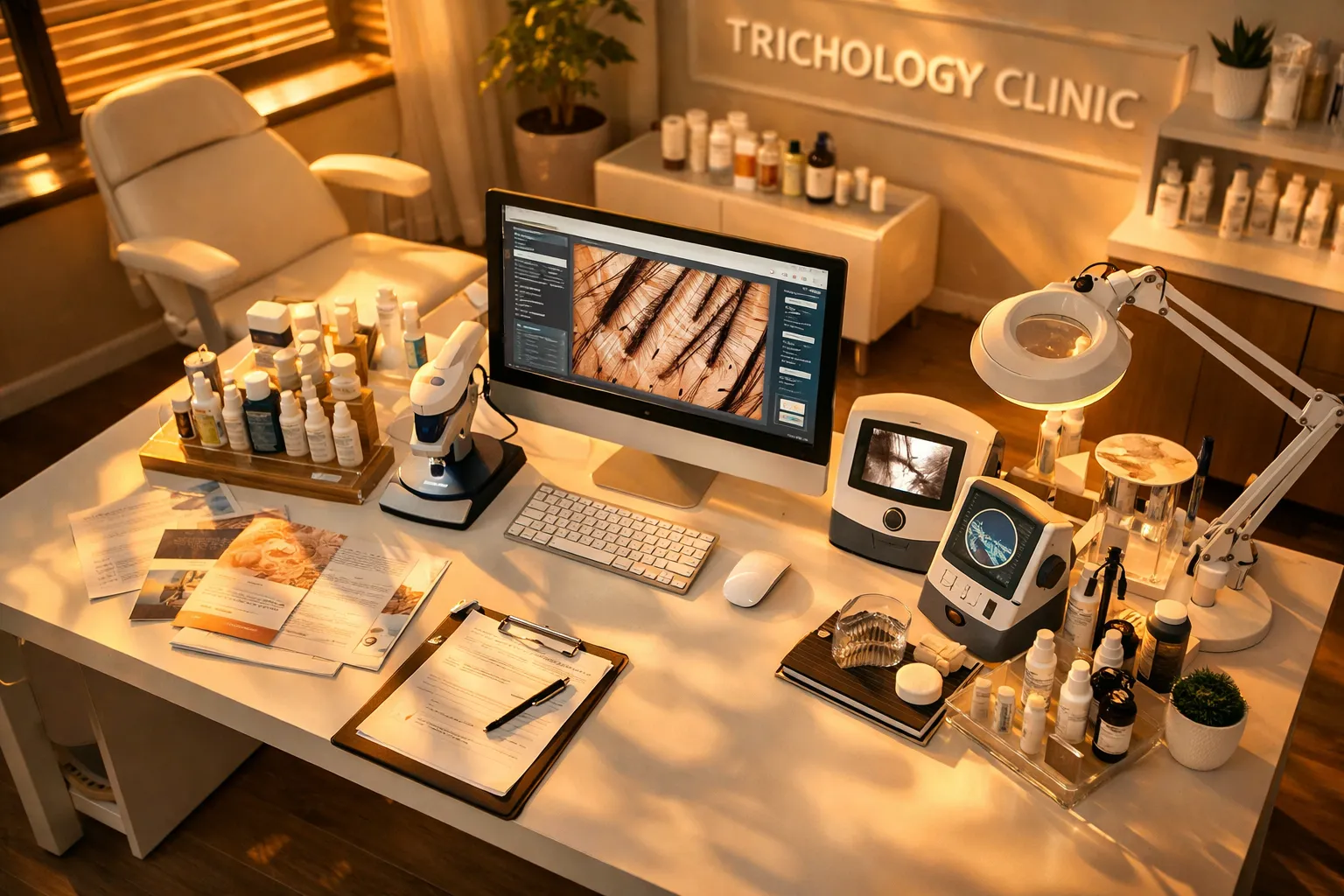 Ein Behandlungsraum in der Trichology Clinic mit Mikroskopen, Medikamenten, Unterlagen und einem Computer, alles für Haaranalysen.