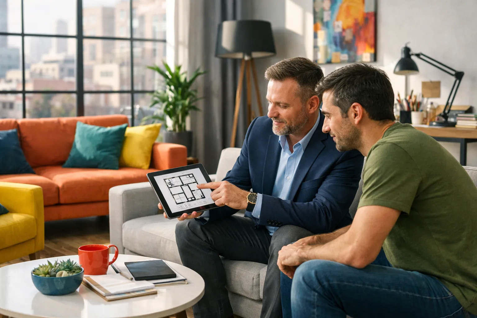 Zwei Männer sitzen auf einem Sofa in einem modernen Wohnzimmer und schauen gemeinsam auf ein Tablet. Einer zeigt auf das Display.