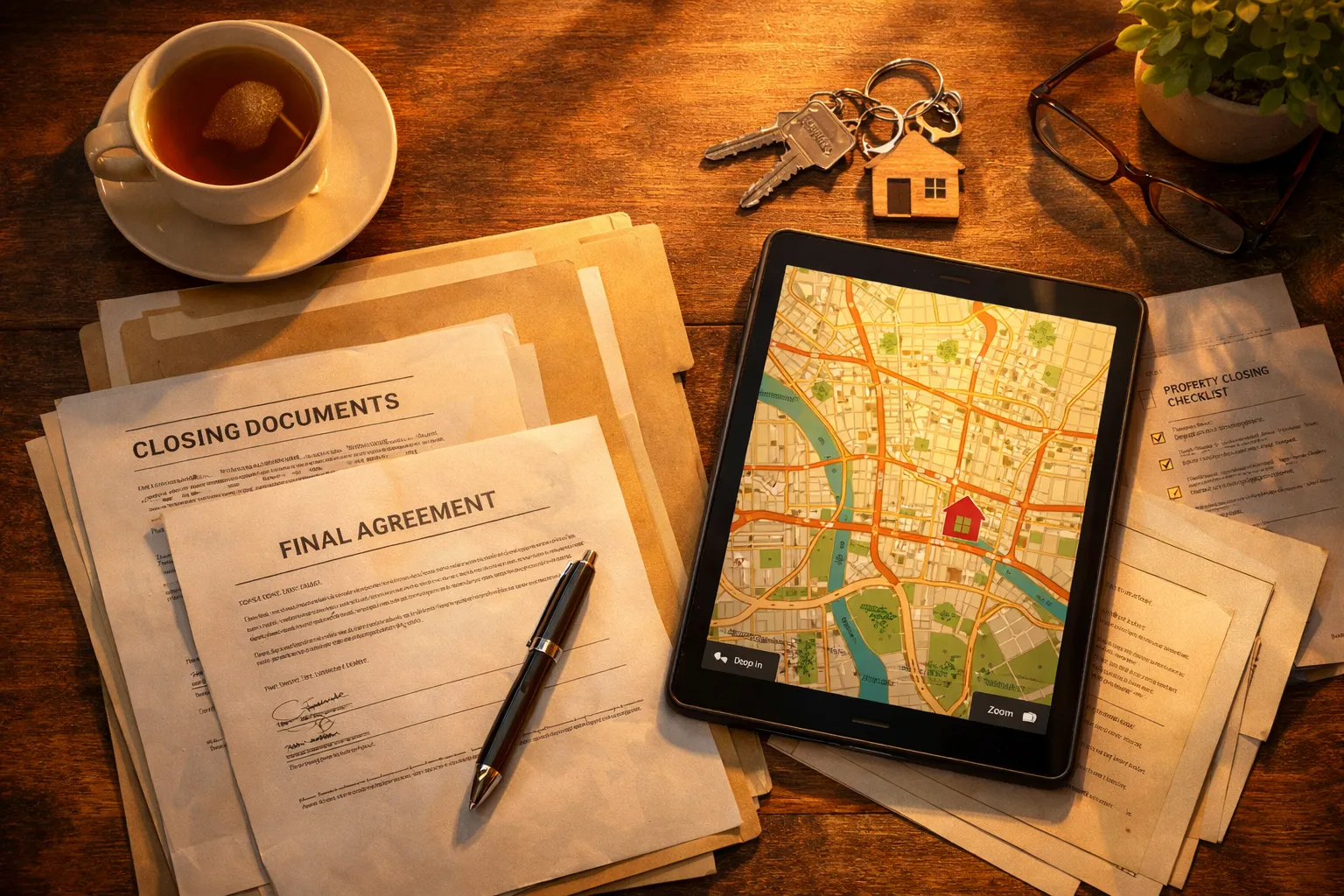 Alt-Text: Schreibtisch mit Dokumenten, einem Tablet, Schlüssel, Brille, Tee, und Pflanzen. Es wirkt wie bei einer Hauskauf- oder Mietbesprechung.