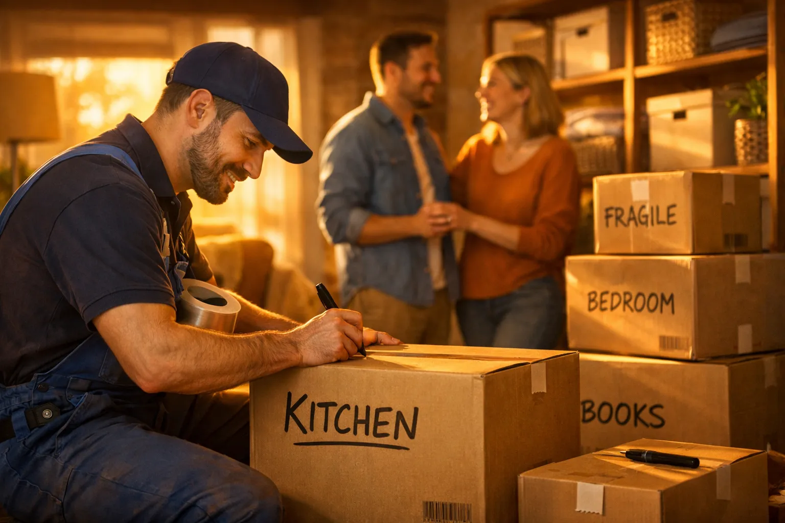 Ein Handwerker schreibt auf eine Kartonschachtel mit "KITCHEN", während ein Paar im Hintergrund lächelnd spricht. Szenen in einem Lagerraum.
