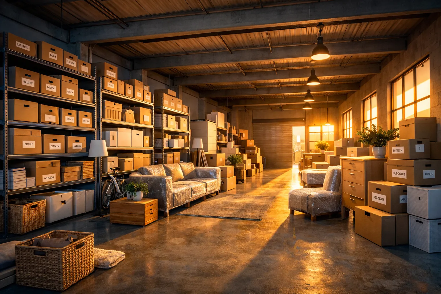 Ein Lagerraum mit Regalen, Kartons, Sofas, Pflanzen und Lampen im warmen Sonnenlicht, bereit für Umzug oder Lagerung.