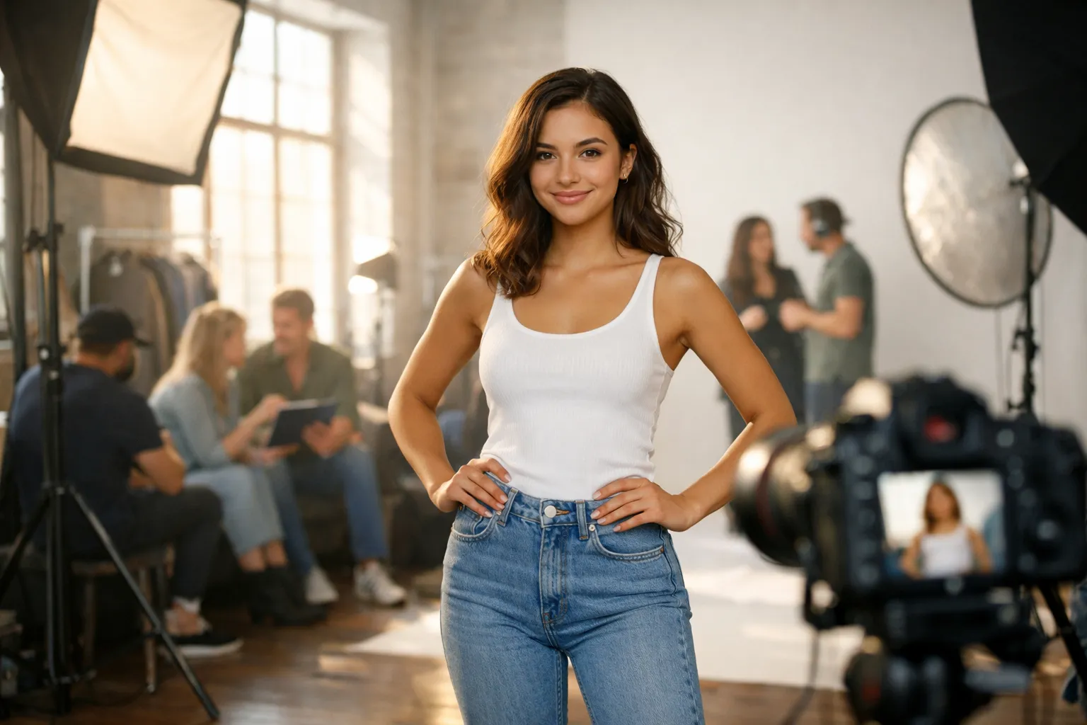 Eine junge Frau steht vor Kamera in einem Fotostudio. Sie lächelt, trägt weißes Tanktop und Jeans, im Hintergrund sitzen Menschen und filmen.