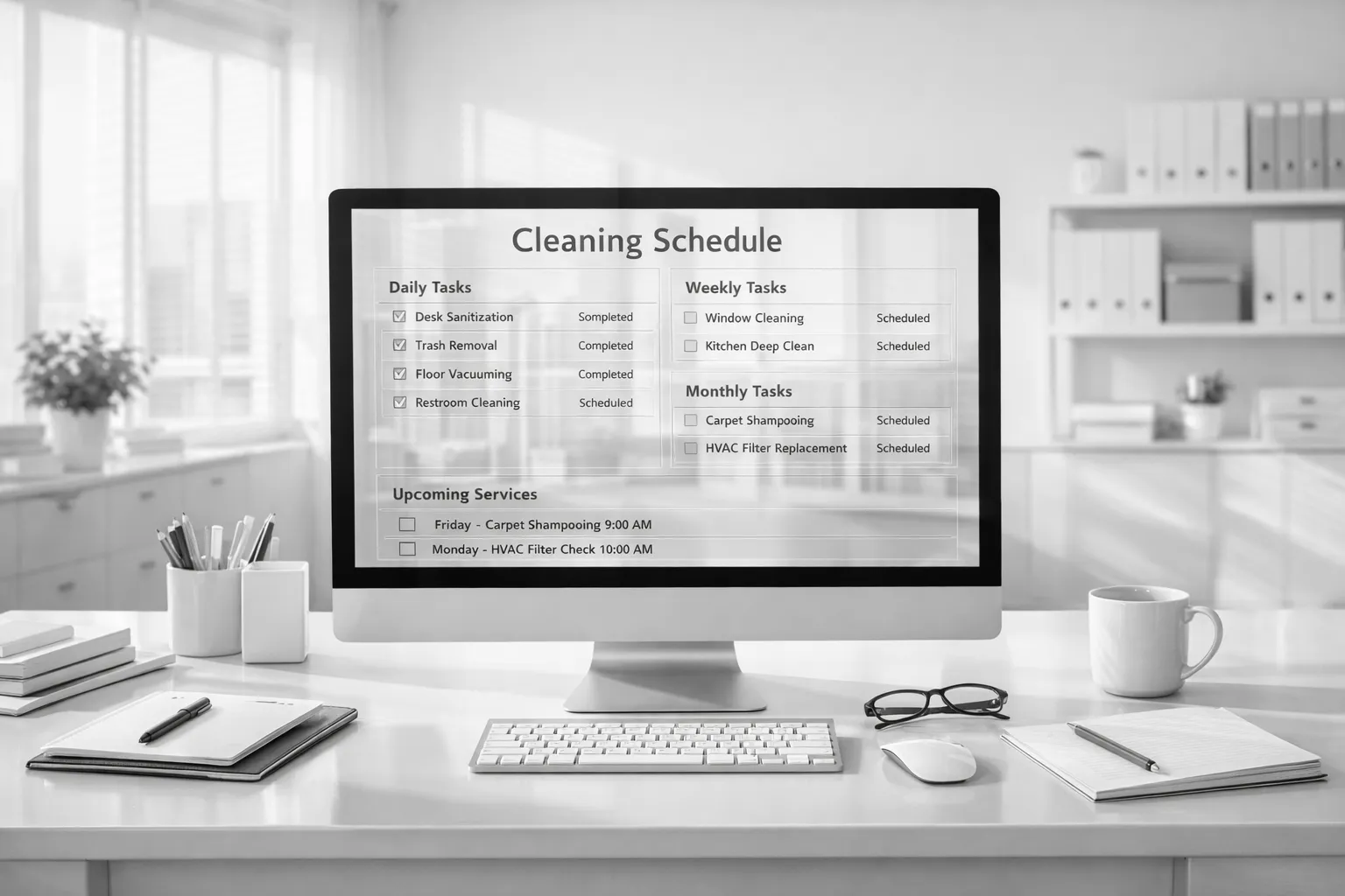 Ein Computerbildschirm zeigt einen Reinigungsplan. Der Schreibtisch hat Stifte, Notizhefte, eine Tasse, Brille, Maus und Tastatur.