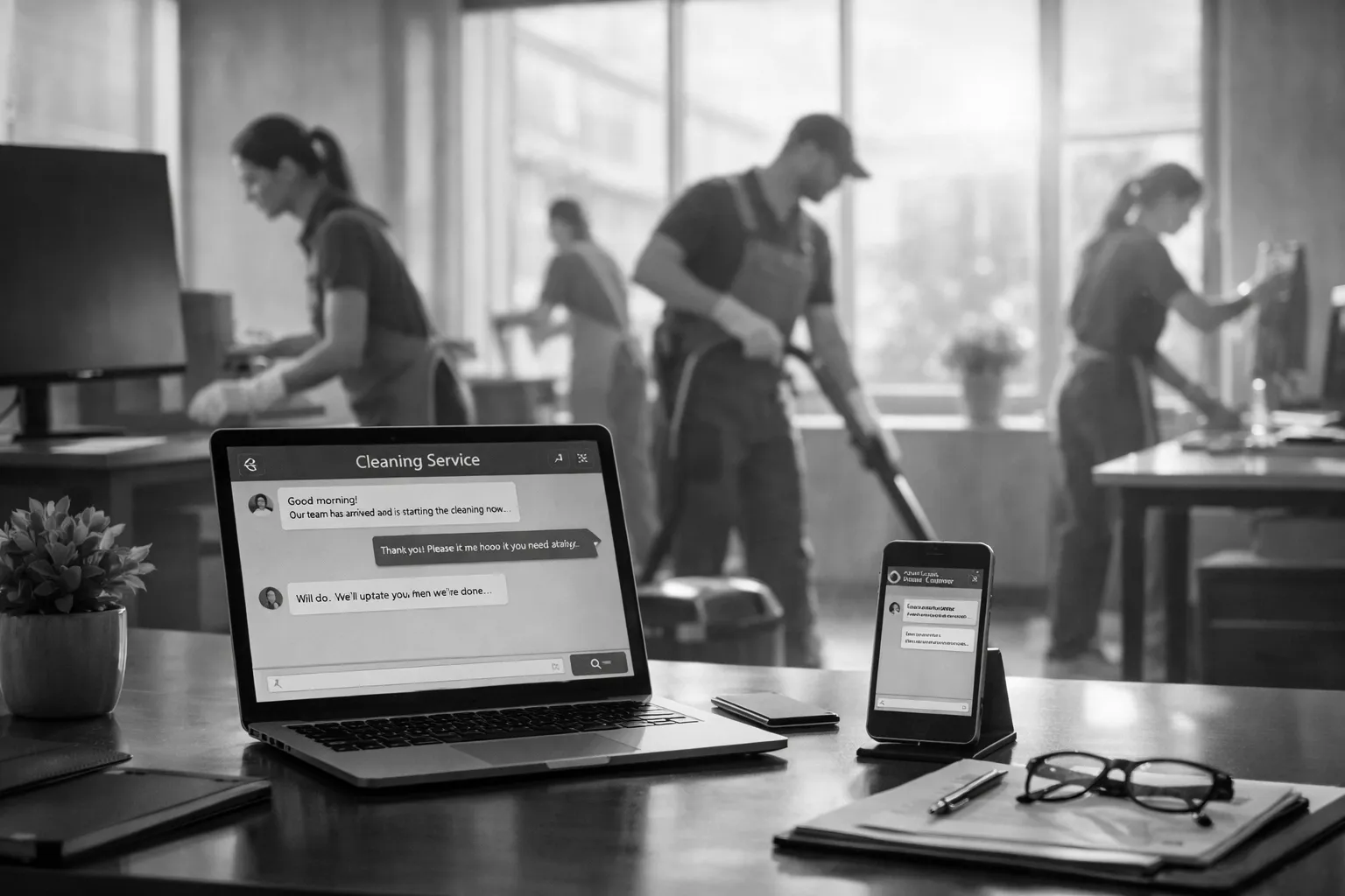 Auf einem Schreibtisch in einem Büro sind Laptop, Smartphone, Brille und Notizbuch. Im Hintergrund reinigen Mitarbeiter die Tische.