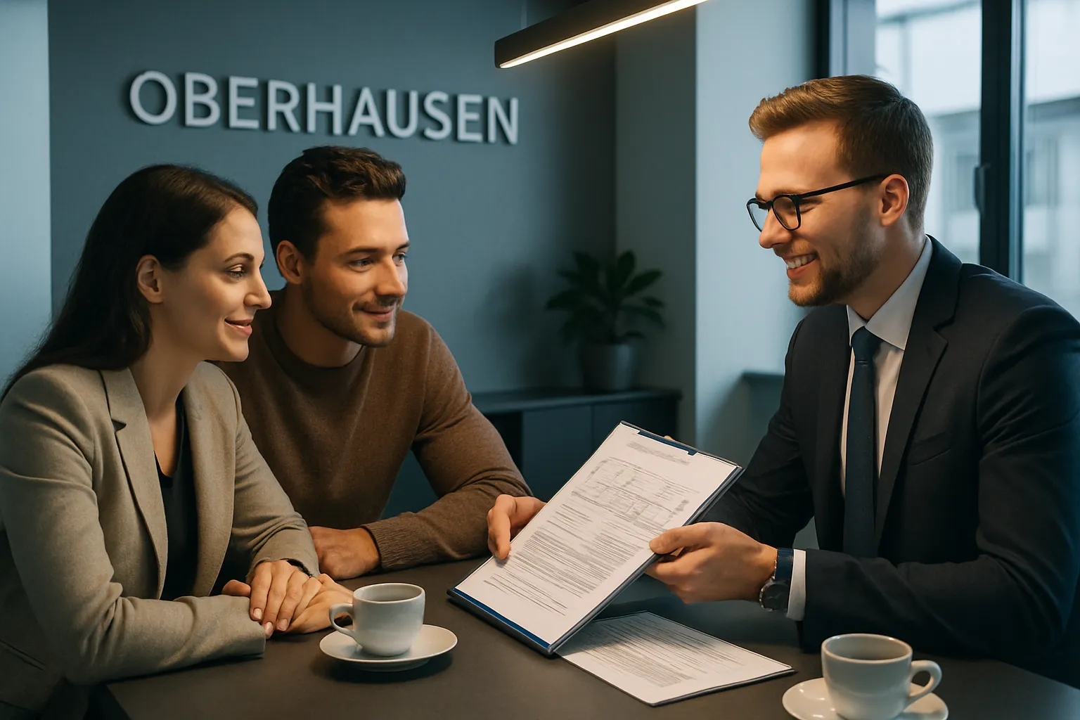 Drei Menschen sitzen bei einem Gespräch im Büro in Oberhausen. Ein Mann in Anzug zeigt Dokumente, die anderen beiden lächeln.
