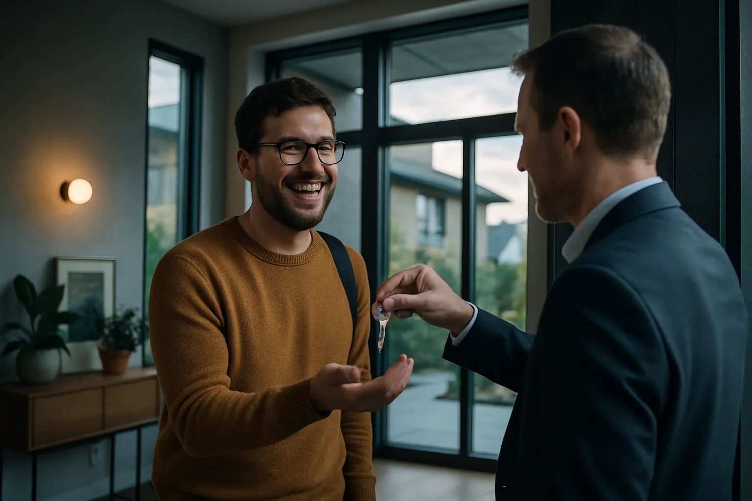 Zwei Männer im Gespräch in einem modernen Raum mit großen Fenstern, einer lacht, der andere reicht ihm einen Schlüssel.