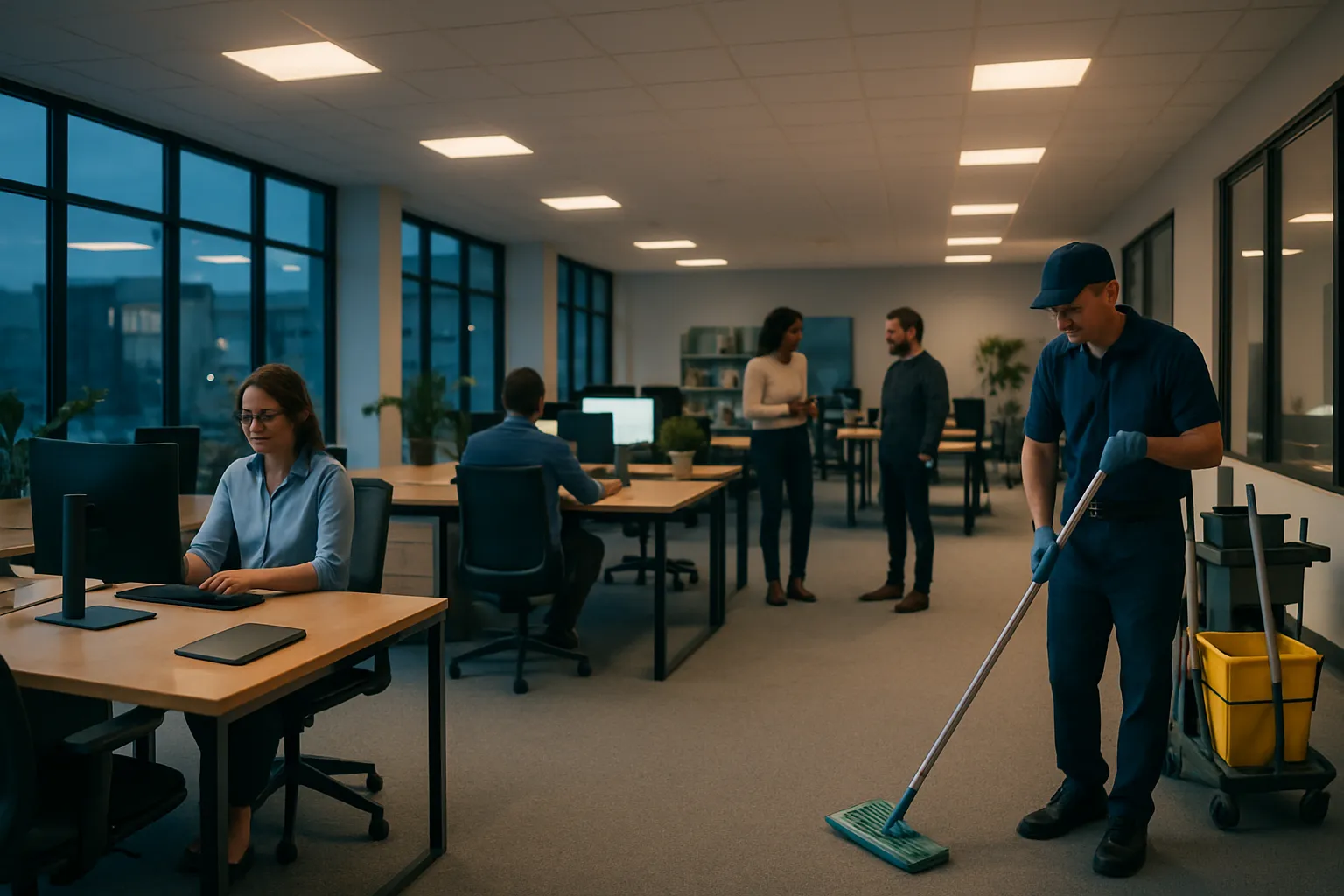 Mitarbeiter reinigt Büro mit Mopp und Eimer, während andere am Computer arbeiten und sich unterhalten. Büroumgebung mit großen Fenstern.