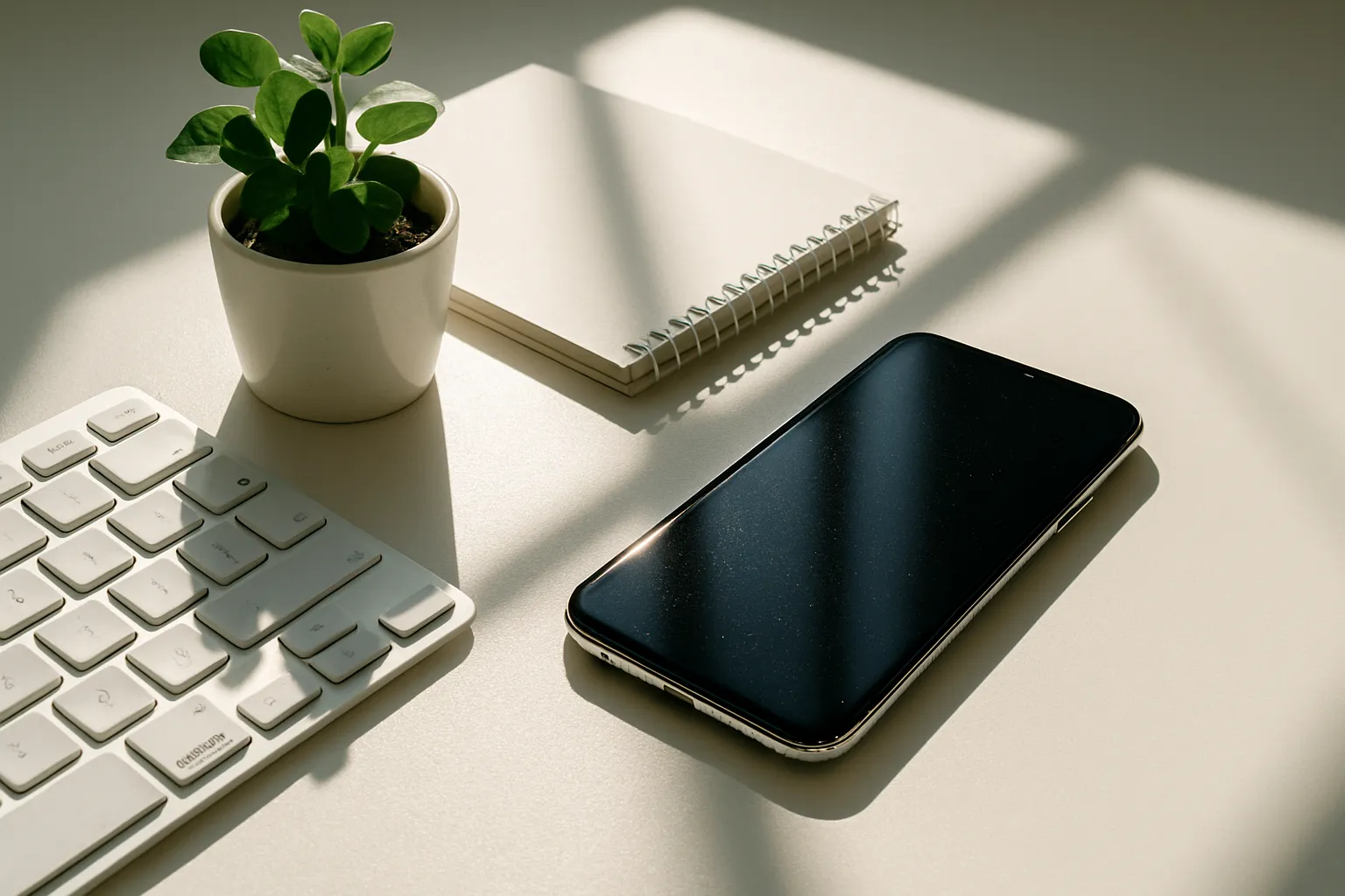 Ein Tisch mit einer weißen Tastatur, einem Smartphone, einem kleinen grünen Pflänzchen in einem weißen Topf und einem Notizbuch.