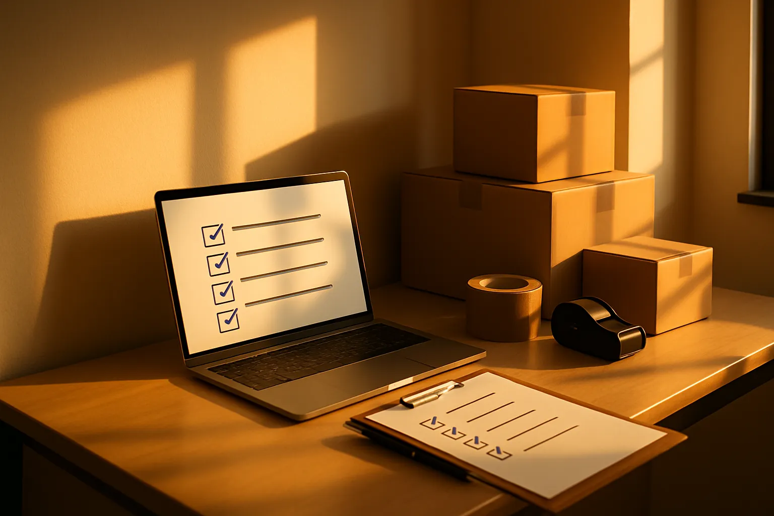 Ein Schreibtisch mit Laptop, Checkliste, Stift, Verpackungskisten und Etikettwickler bei Sonnenlicht im Raum.