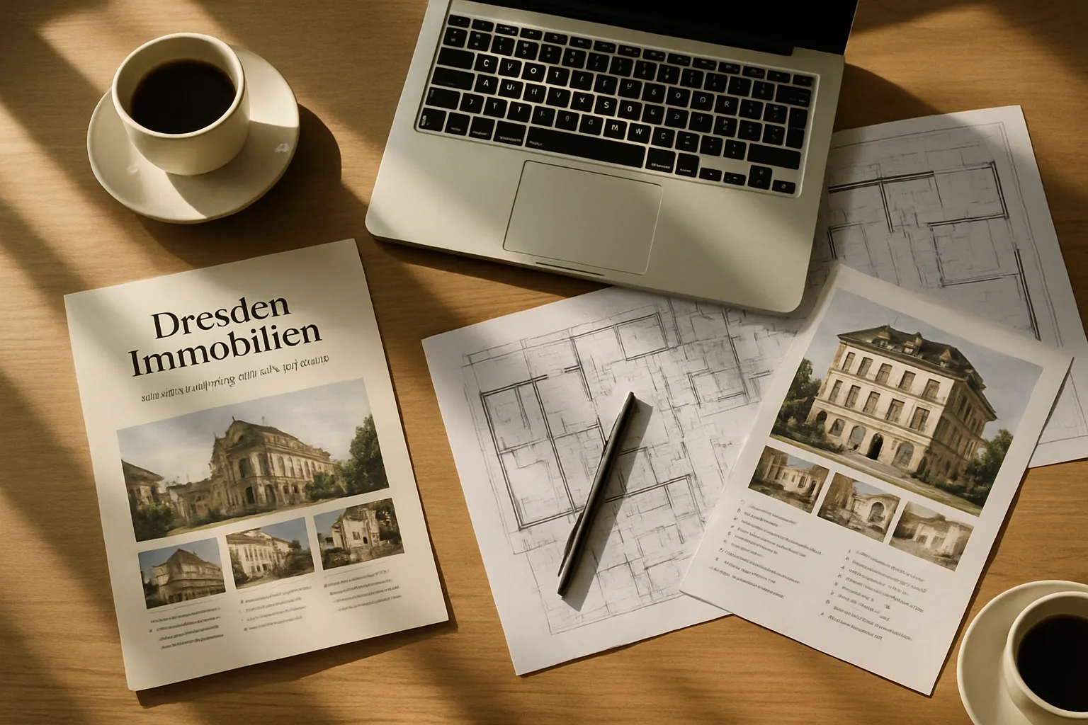 Büro-Arbeitsplatz mit Bauplänen, Skizzen, Laptop, Kaffeetasse und Broschüren über Dresdner Immobilien. Es scheint um Architektur zu gehen.
